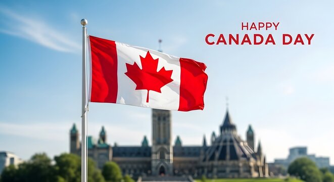 Canadian flag waving with parliament hill in the background canada day