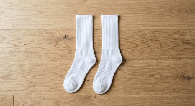 Blank white cotton crew socks mockup flat lay on wooden floor