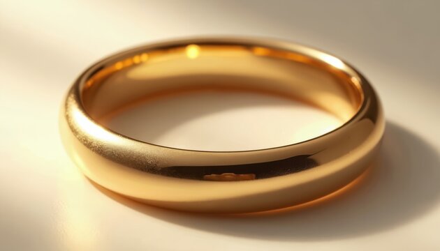 Smooth round gold wedding ring rests on white surface. Minimalist jewelry item reflects soft light casting subtle shadow. Classic symbol of marriage, commitment, and eternal love.