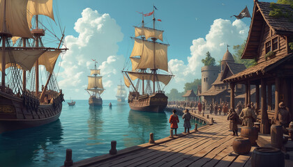 Fototapeta premium Busy pirate harbor with tall ships docking at wooden pier. People walk past timber buildings and watch boats on bright sunny day. A pirate flag flies overhead.