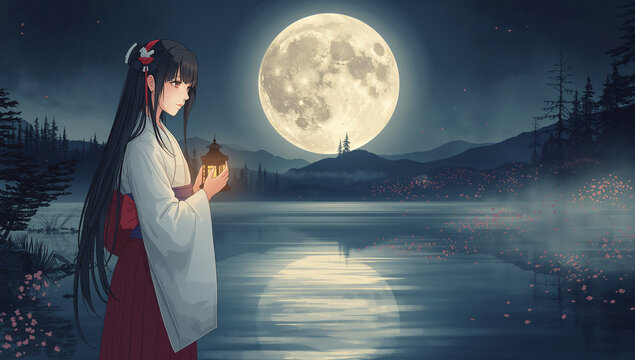 月夜の湖畔で灯りを持つ巫女姿の日本人女性を描いた幻想イラスト