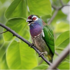 Obraz premium Colorful Asian Barbet Bird Perched On Branch With Lush Green Leaves