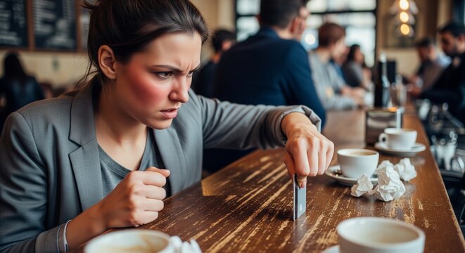 Frustrated woman taps her finger on the table in a cafe, feeling annoyed and impatient
