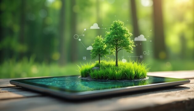Digital tablet displays miniature green forest island with trees and grass. Nature and tech integration visualized with digital icons. Futuristic eco-management concept.