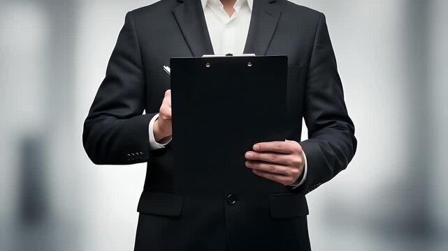Professional businessman in a dark formal suit holds a blank black clipboard while writing important notes during a corporate meeting in a modern bright office