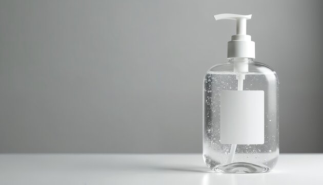 Clear plastic hand sanitizer pump bottle with blank white label sits on a white surface against a grey background. The liquid inside has small bubbles.