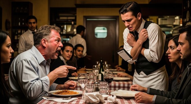 Angry customer confronts waiter at a busy restaurant table while other diners look on with concern