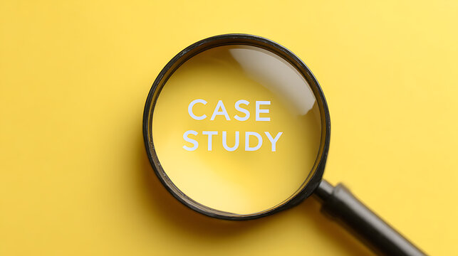 Magnifying Glass Reveals "CASE STUDY" Text on Bright Yellow Background, Detail View for Business, Research, Analysis, and Education Concepts