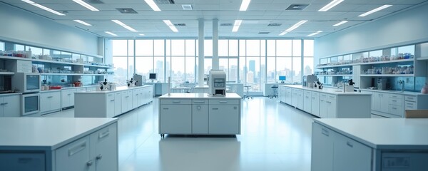 Fototapeta na wymiar Modern sterile research lab with high tech equipment and city view. Clean white interior offers space for science experiment analysis testing and medical innovation.