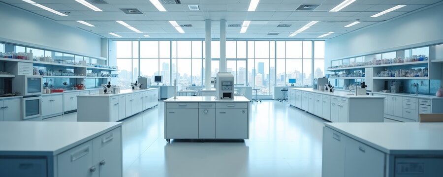 Modern sterile research lab with high tech equipment and city view. Clean white interior offers space for science experiment analysis testing and medical innovation.