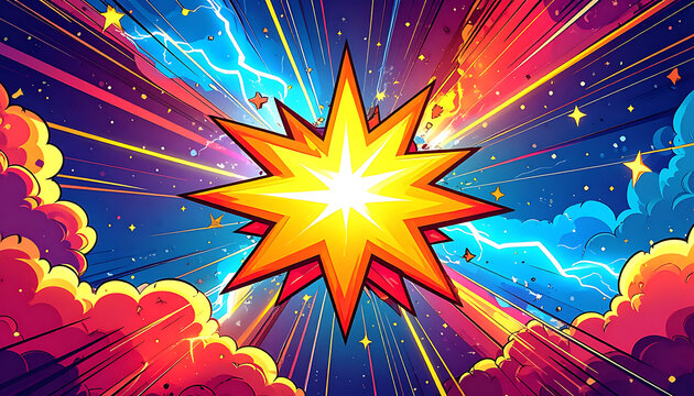 Retro pixel art comic book explosion with bright yellow starburst at center, radiating lines and stylized clouds against a dark blue stormy sky with lightning