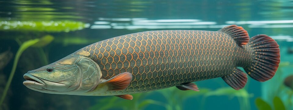 Large prehistoric looking arapaima fish swimming underwater in a clear aquatic environment