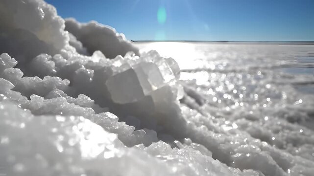 Closeup of sparkling salt crystals on a vast salt flat under a bright blue sky.