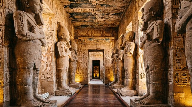 "Magnificent ancient Egyptian temple interior featuring colossal pharaoh statues lining grand hallway with intricate hieroglyphic carvings, wooden walkway, warm golden lighting, archaeological heritag