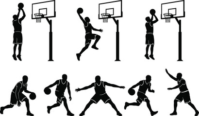 Basketball player silhouettes collection featuring athletic poses for shooting dunking dribbling and defending on white background © Akhi's Vectornest