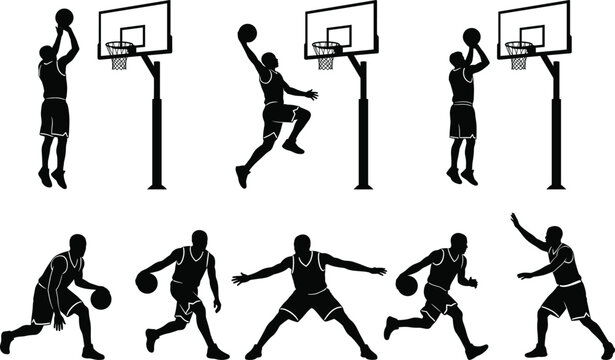 Basketball player silhouettes collection featuring athletic poses for shooting dunking dribbling and defending on white background
