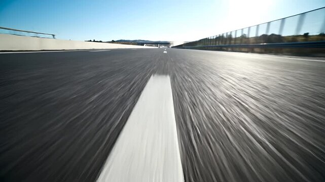 Fast motion blur on asphalt road during daytime with clear sky.