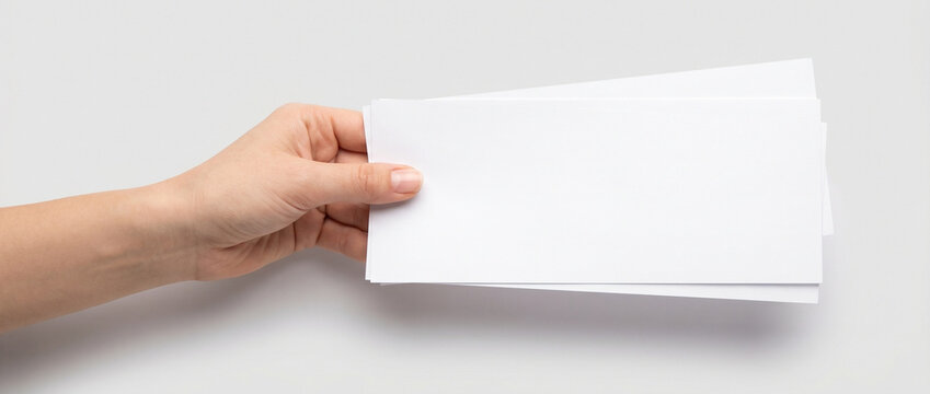 Hand holding blank white horizontal flyers mockup. Empty paper template for tickets, gift vouchers, coupons or envelopes with copy space.