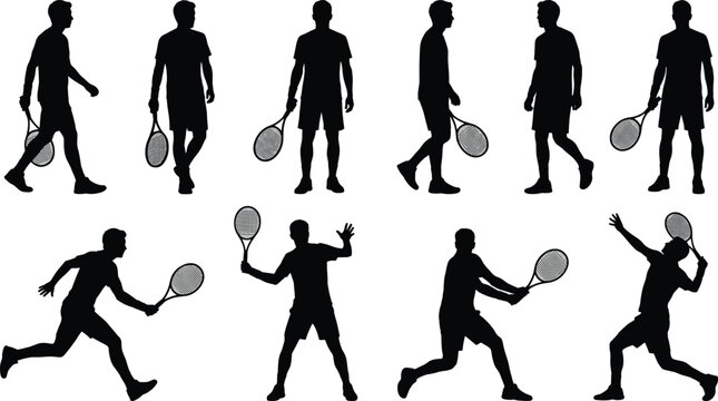 Collection of male tennis player silhouettes showing various actions including serving hitting backhand and standing poses