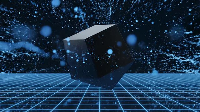 Floating cube on grid surface perfect for UI/UX elements and digital motion graphics