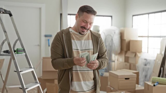Man smiling while counting cash amid stacked moving boxes, ladder, and packing supplies inside a bright building room; savings relief.