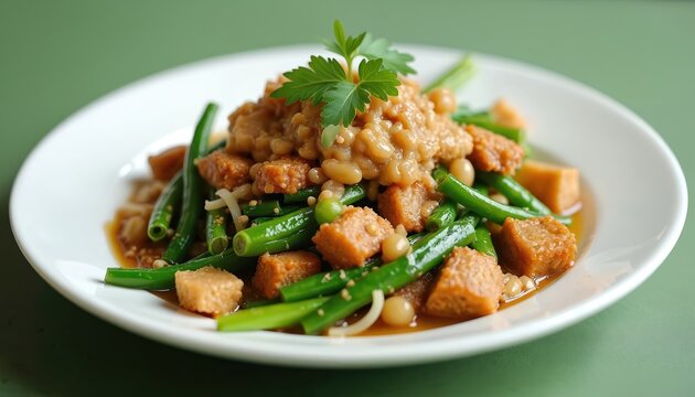 Plate of pecel lele featuring tempeh, green beans, and peanut sauce. Vegetarian dish with soy beans and sprouts. Healthy Indonesian meal served on white dish.