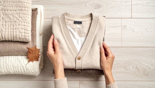 秋服をたたむ手元とニット素材、衣替えをイメージした北欧風フラットレイ