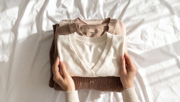 秋服をたたむ手元とニット素材、衣替えをイメージした北欧風フラットレイ