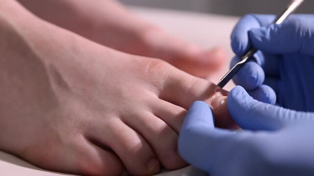 Podiatrist examining client's nail bed on foot with chisel tool indoors, closeup