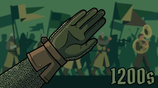 Medieval knight's arm reaches out amidst a crowd in the 1200s