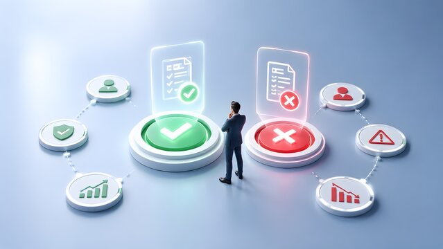 Miniature businessman deciding between green approve and red reject glowing buttons with quality control and compliance icons