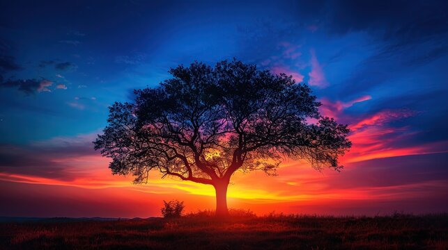 Colorful Evening Sky Behind a Dramatic Tree Silhouette Landscape