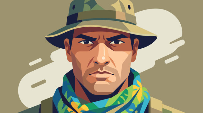 Close-up portrait of a soldier wearing a hat and scarf outdoors