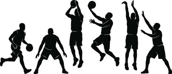 Set of basketball player silhouettes showing various active game positions including dribbling shooting defending and jump hook shots © Akhi's Vectornest