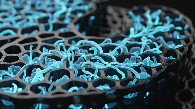 Closeup of blue glowing substance in honeycomb structure ideal for creative backgrounds and modern web design