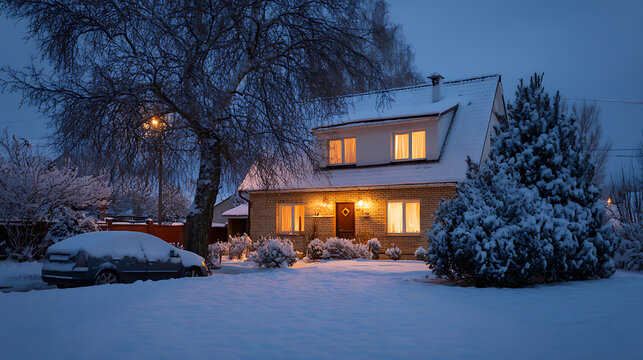 Cozy Home at Dusk: A Charming House Illuminated in Winter Wonderland with Snow-Covered Trees and Yard, Perfect Seasonal Scene