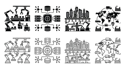 Fototapeta premium Set of industry 40 icons, smart factory, artificial intelligence, digital supply chain, automated production, vector illustration