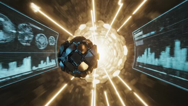 Abstract geometric sphere in digital tunnel perfect for UI/UX elements and digital motion graphics