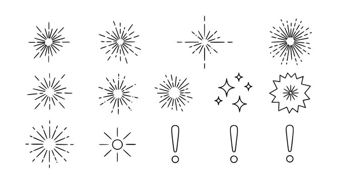 Collection of hand drawn sunburst and sparkle line art elements for graphic design projects