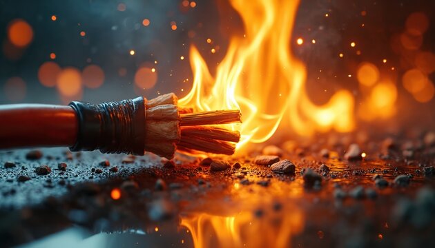 Damaged electrical wire sparks and burns with open flame. Exposed copper conductors ignite causing fire hazard. Faulty wiring in house poses danger.