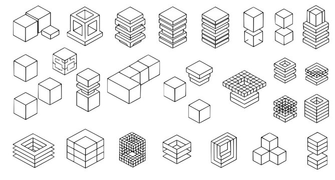Isometric cube and geometric block structure collection for architectural design concepts