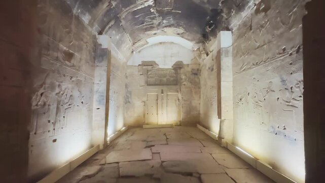 Beautiful interiors and ancient hieroglyphs in the Temple of Seti I in Abydos, Egypt