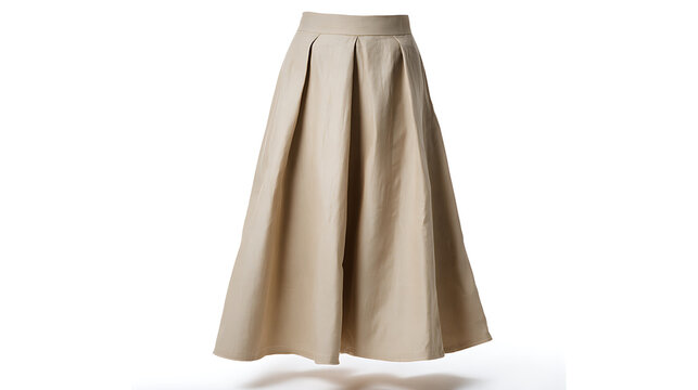 Elegant Beige A-Line Pleated Midi Skirt, Fashion Apparel Isolated on White Background for Stylish Women's Clothing Collection