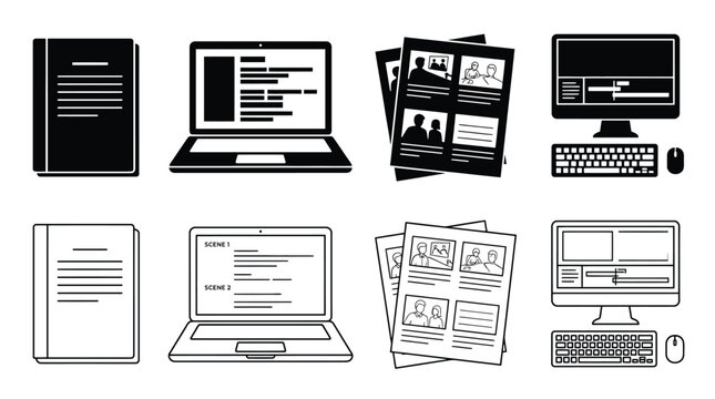 Set of icons for video production and screenwriting, including script, laptop with screenplay, storyboard, and video editing computer workstation