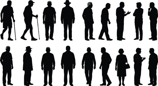 A comprehensive set of black vector silhouettes depicting older men and women in various poses