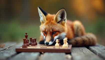 Naklejka premium Red fox lays down on wooden table playing chess game. Wild mammal thinks over next move in intellectual strategy board game. Animal sits outdoors in nature forest.