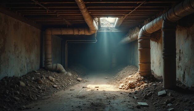 Dimly lit crawl space shows old pipes and dirt. Dust motes float in sunbeam from ceiling opening. Debris covers rough floor, suggesting neglect or construction.