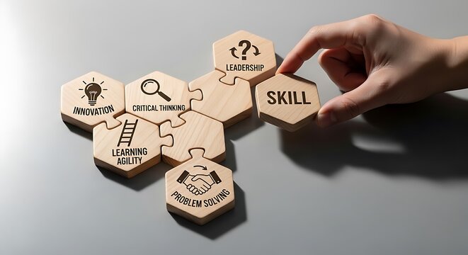 Hand placing a wooden puzzle piece labeled skill into a business development strategy set.