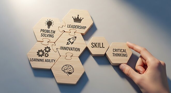 Hand completing a wooden puzzle with icons for critical thinking and business development.