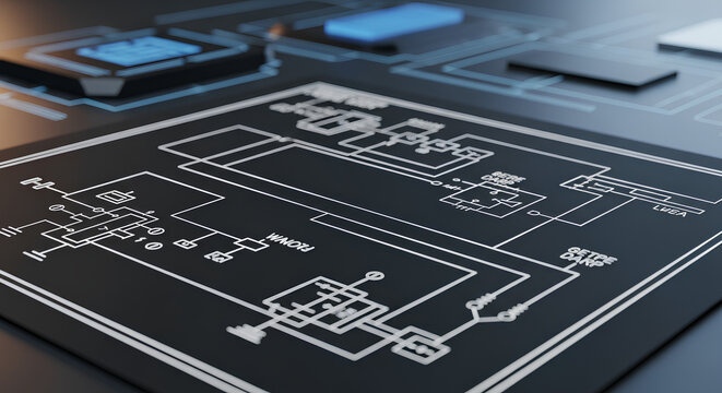 Closeup of a circuit diagram on a black surface technology concept.
